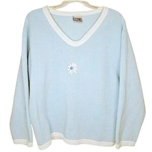 One Way Women's Top XL Blue Long Sleeve Pullover‎ White Daisy Scoop Cotton Comfy